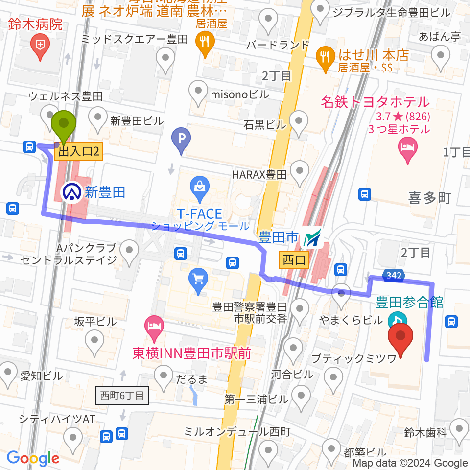 新豊田駅から豊田市能楽堂へのルートマップ地図