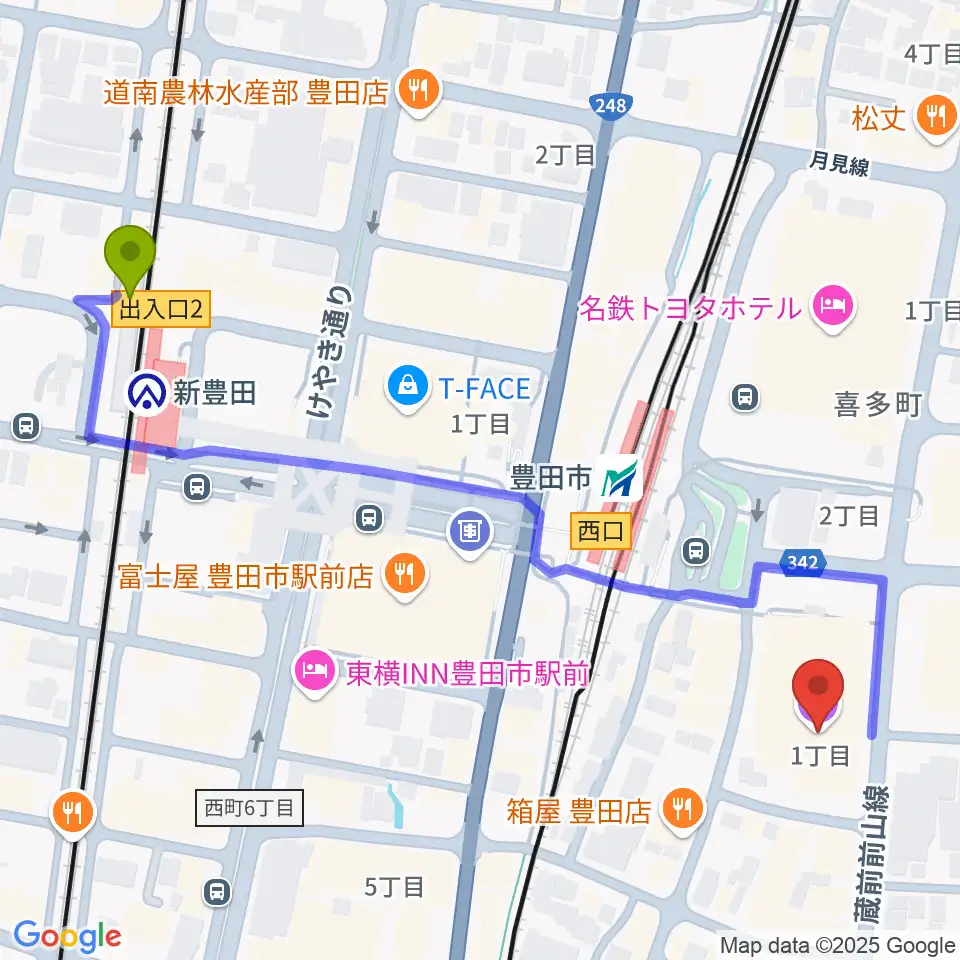 新豊田駅から豊田市能楽堂へのルートマップ地図