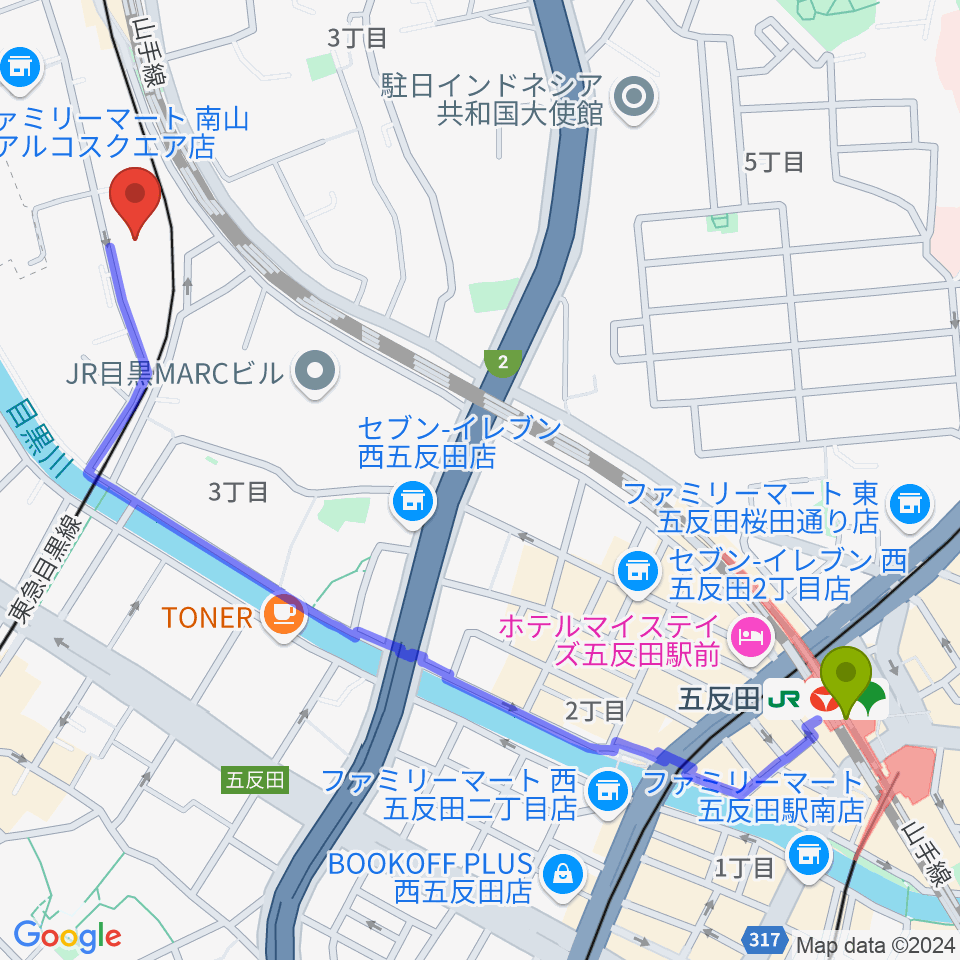 五反田駅から喜多能楽堂へのルートマップ地図