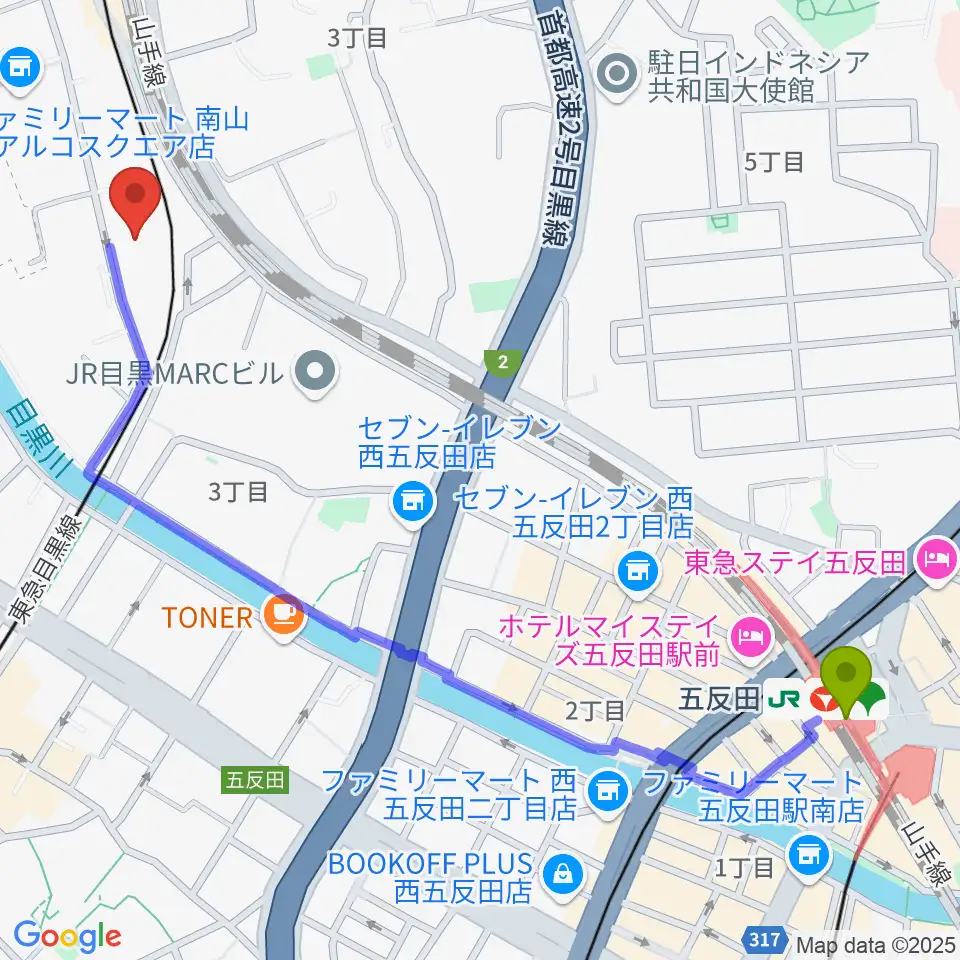 五反田駅から喜多能楽堂へのルートマップ地図