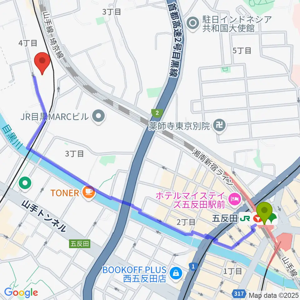 五反田駅から喜多能楽堂へのルートマップ地図