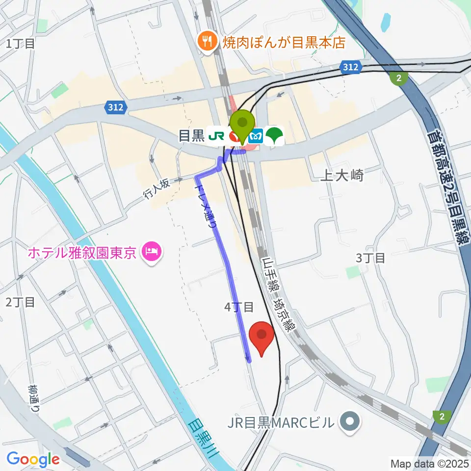 喜多能楽堂の最寄駅目黒駅からの徒歩ルート（約7分）地図