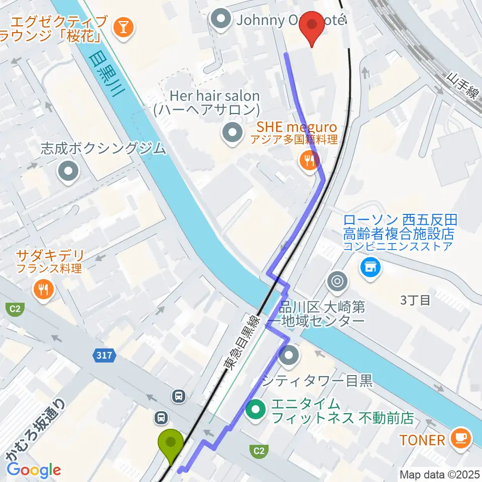 不動前駅から喜多能楽堂へのルートマップ地図