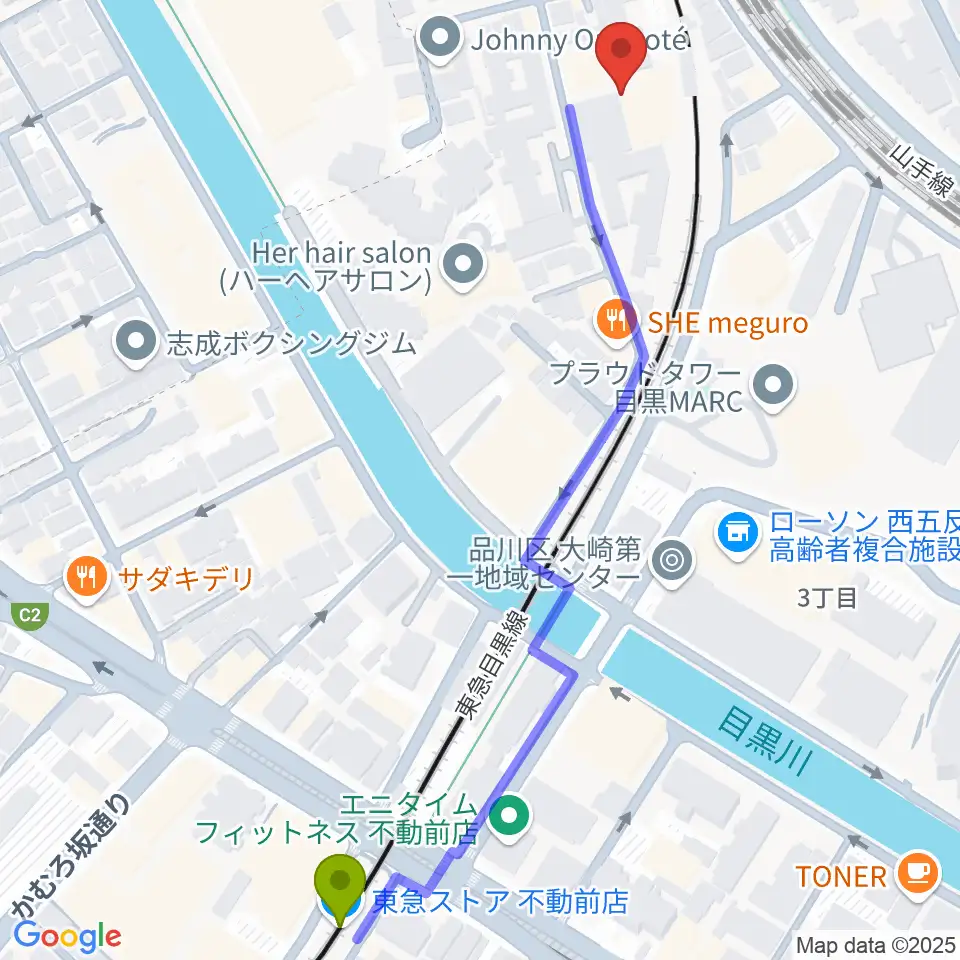 不動前駅から喜多能楽堂へのルートマップ地図