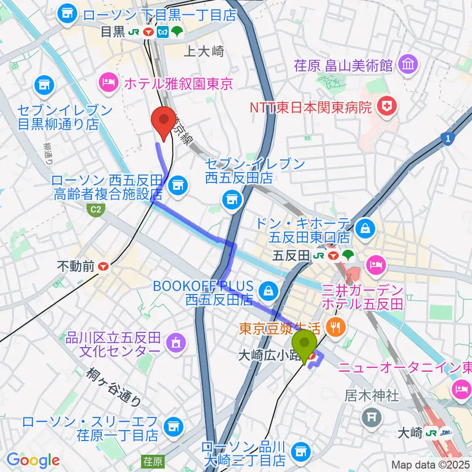 大崎広小路駅から喜多能楽堂へのルートマップ地図