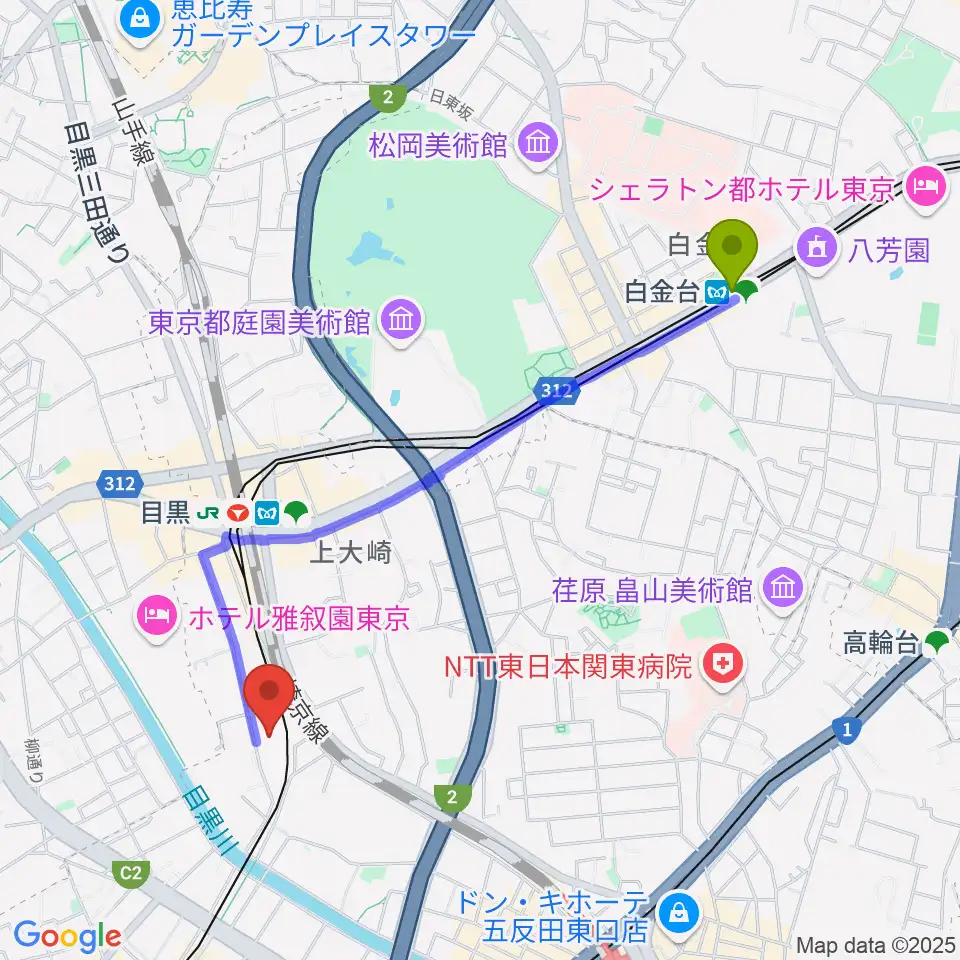 白金台駅から喜多能楽堂へのルートマップ地図