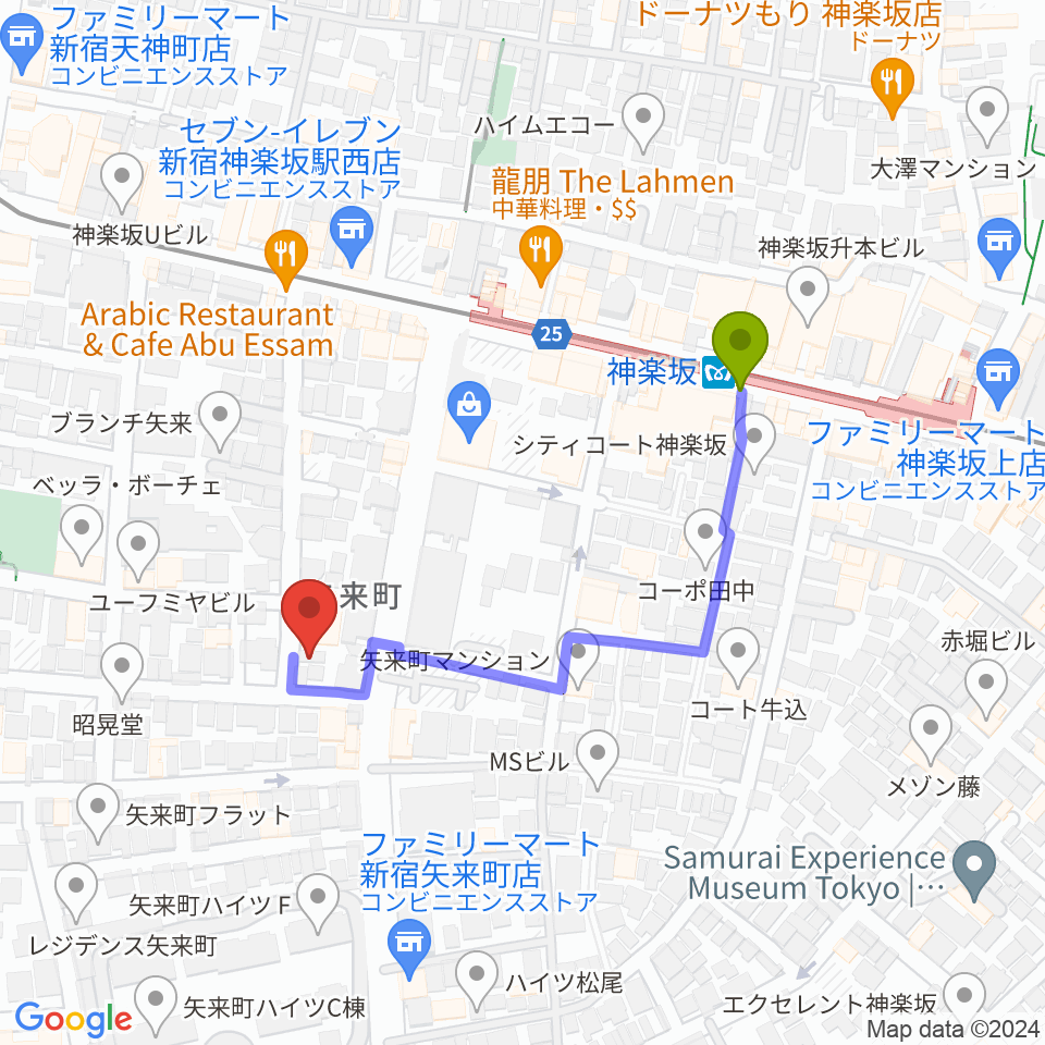 矢来能楽堂の最寄駅神楽坂駅からの徒歩ルート（約4分）地図