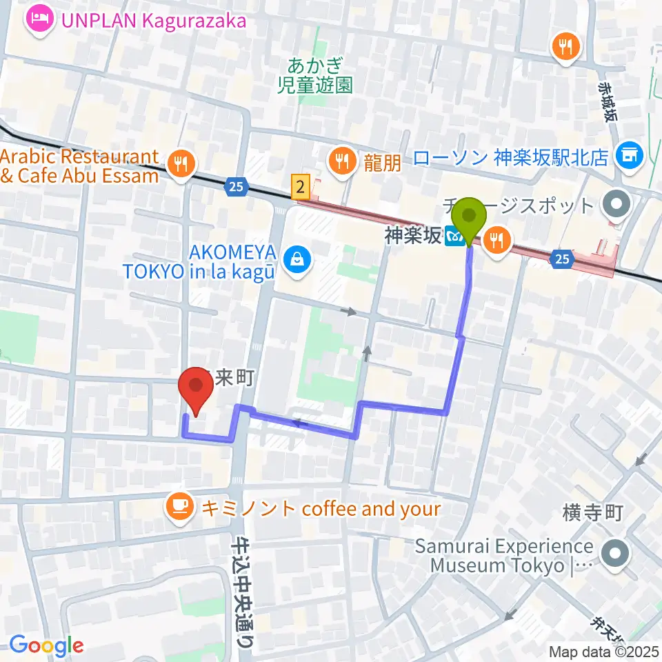 矢来能楽堂の最寄駅神楽坂駅からの徒歩ルート（約4分）地図