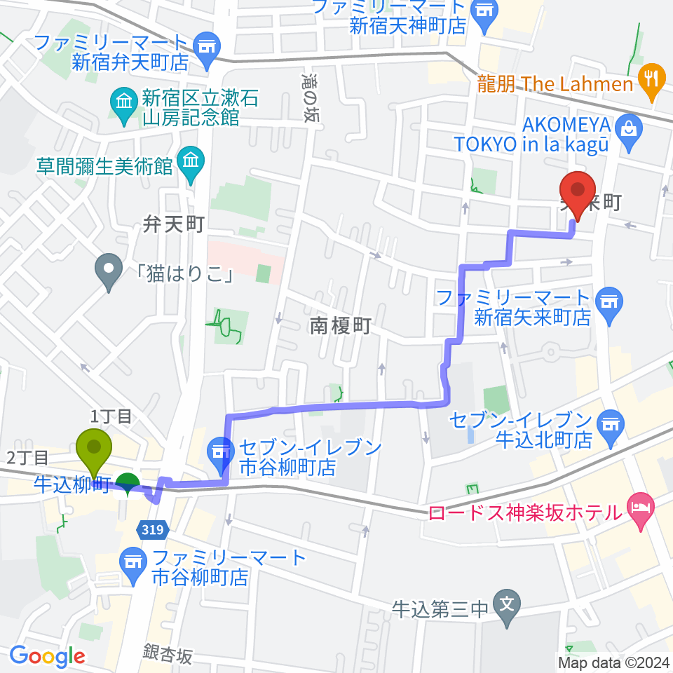 牛込柳町駅から矢来能楽堂へのルートマップ地図