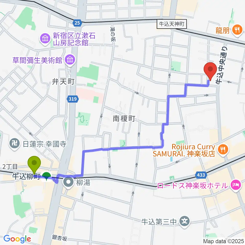 牛込柳町駅から矢来能楽堂へのルートマップ地図