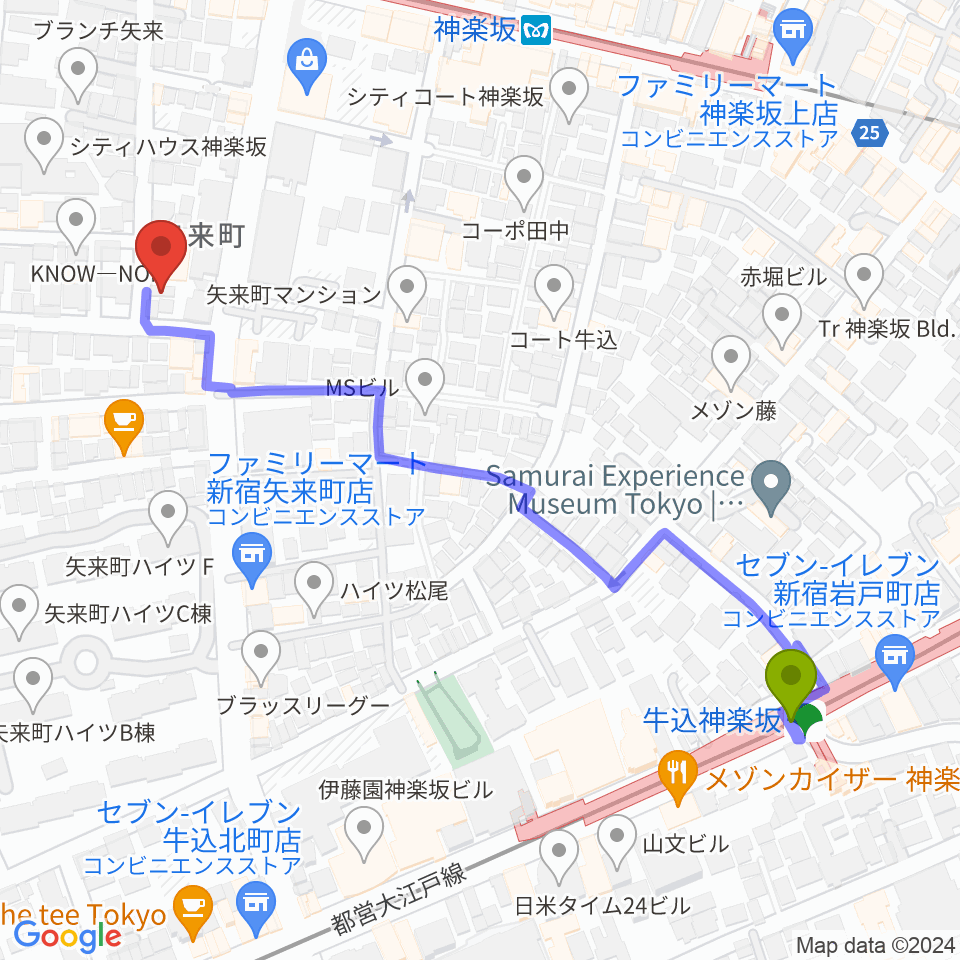 牛込神楽坂駅から矢来能楽堂へのルートマップ地図