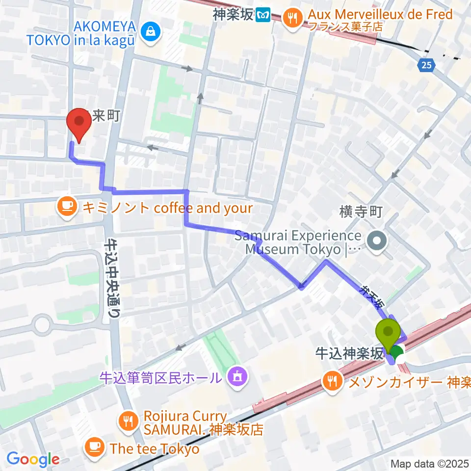 牛込神楽坂駅から矢来能楽堂へのルートマップ地図