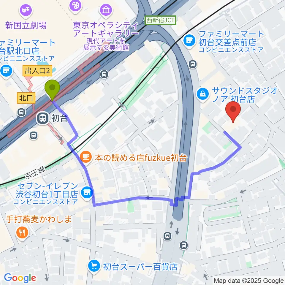 代々木能舞台の最寄駅初台駅からの徒歩ルート（約5分）地図