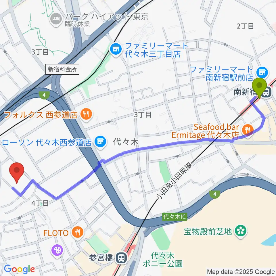 南新宿駅から代々木能舞台へのルートマップ地図