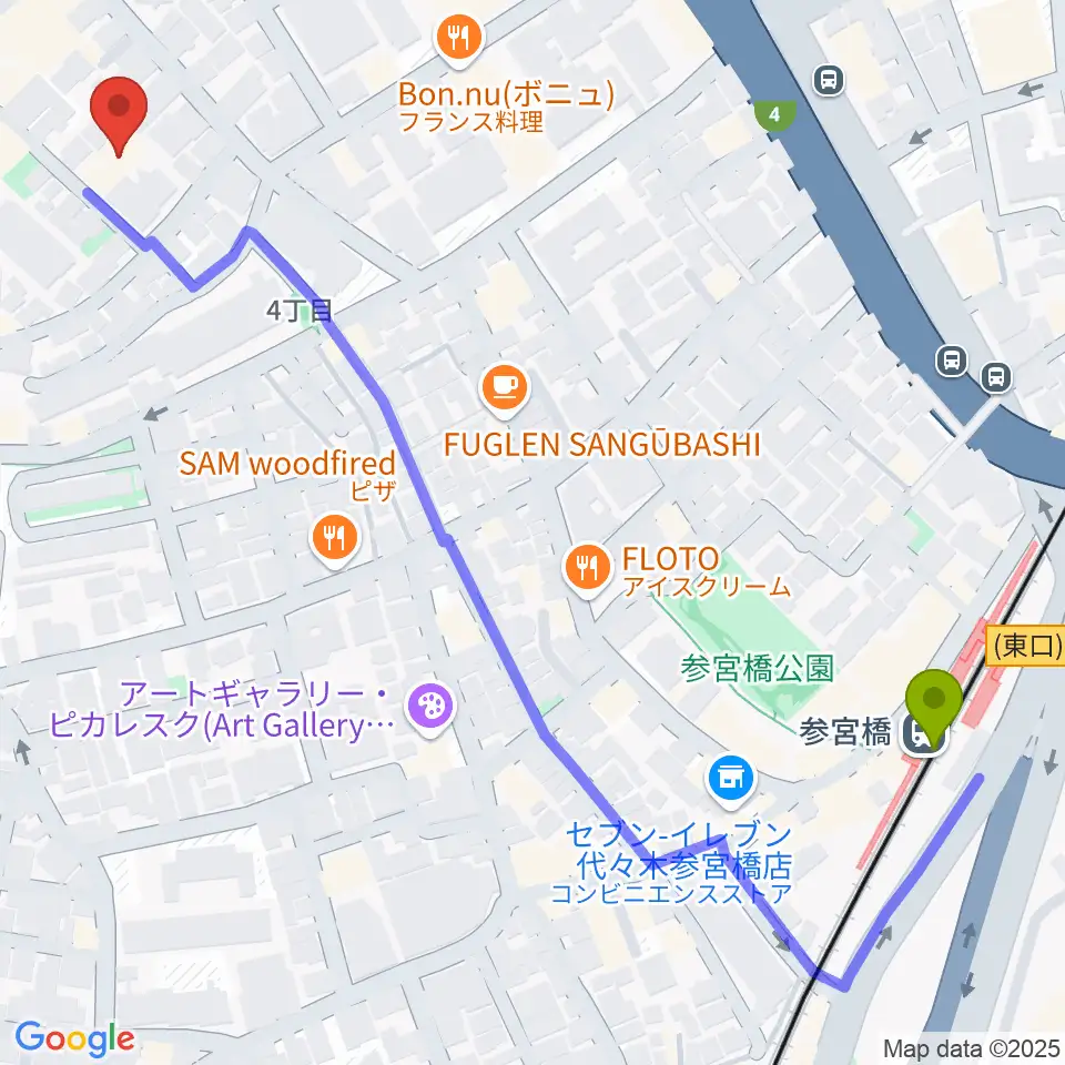参宮橋駅から代々木能舞台へのルートマップ地図