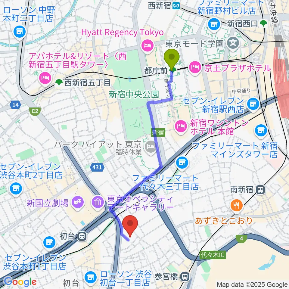 都庁前駅から代々木能舞台へのルートマップ地図