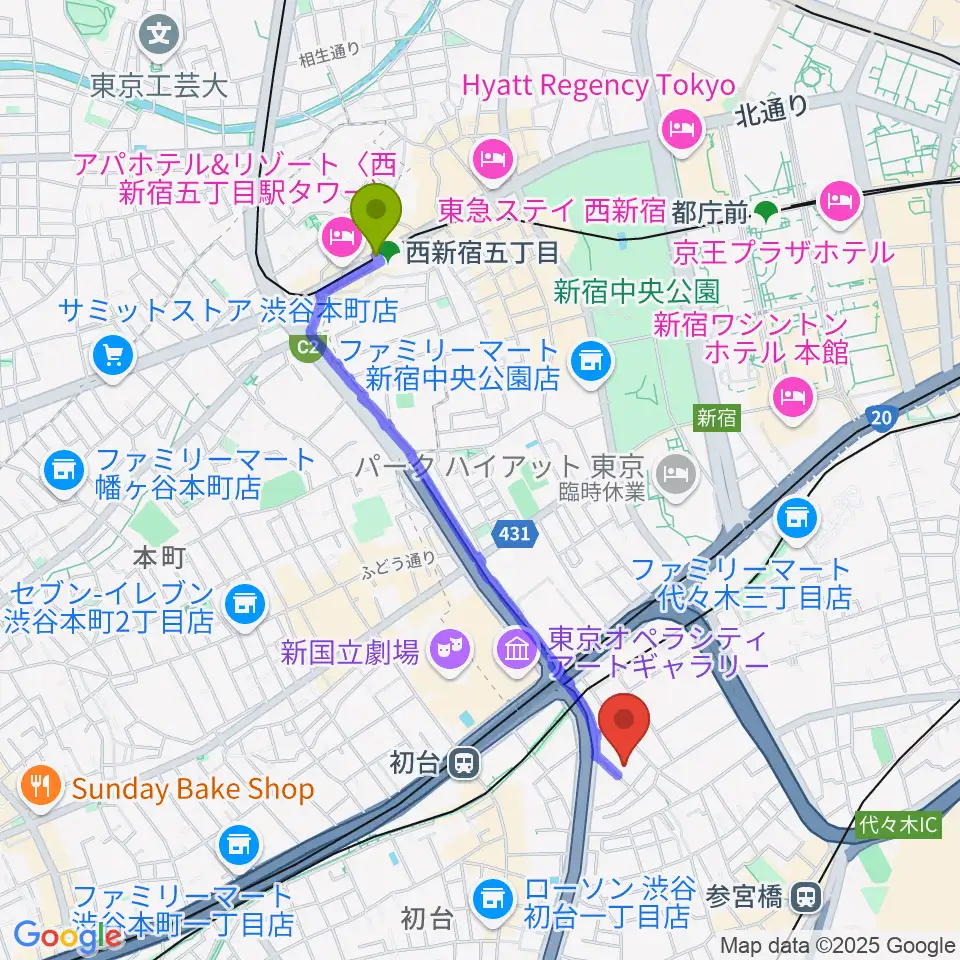 西新宿五丁目駅から代々木能舞台へのルートマップ地図