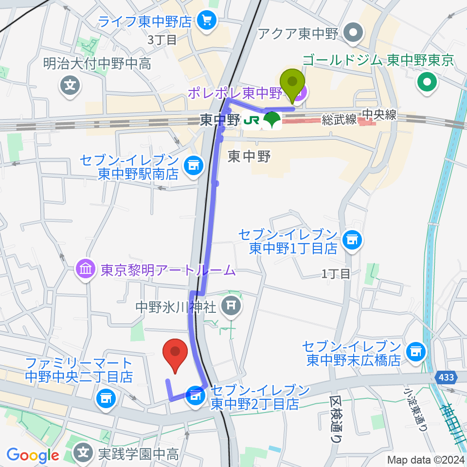 東中野駅から梅若能楽学院会館へのルートマップ地図