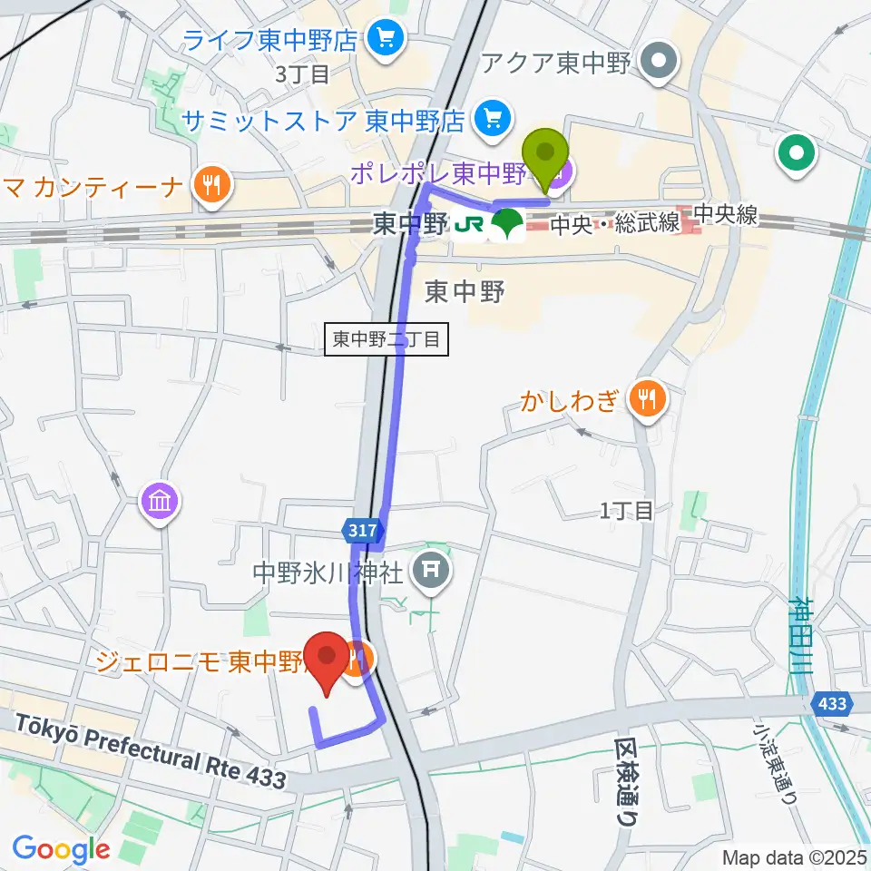 東中野駅から梅若能楽学院会館へのルートマップ地図