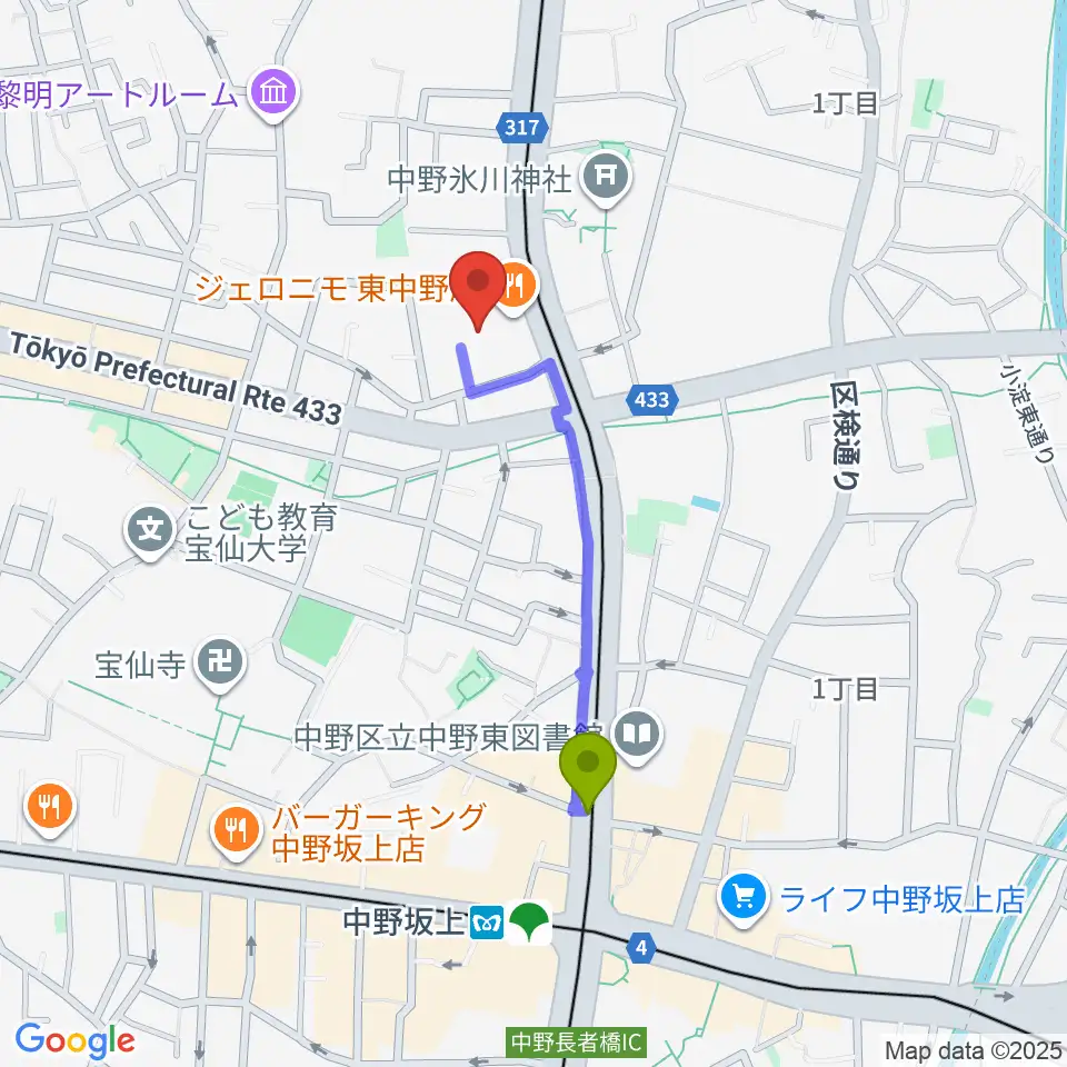 梅若能楽学院会館の最寄駅中野坂上駅からの徒歩ルート（約7分）地図