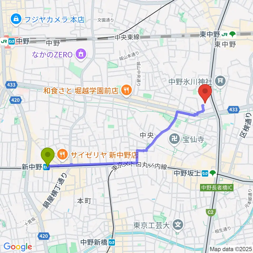 新中野駅から梅若能楽学院会館へのルートマップ地図