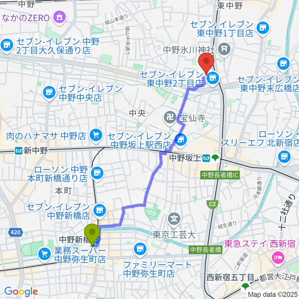 中野新橋駅から梅若能楽学院会館へのルートマップ地図