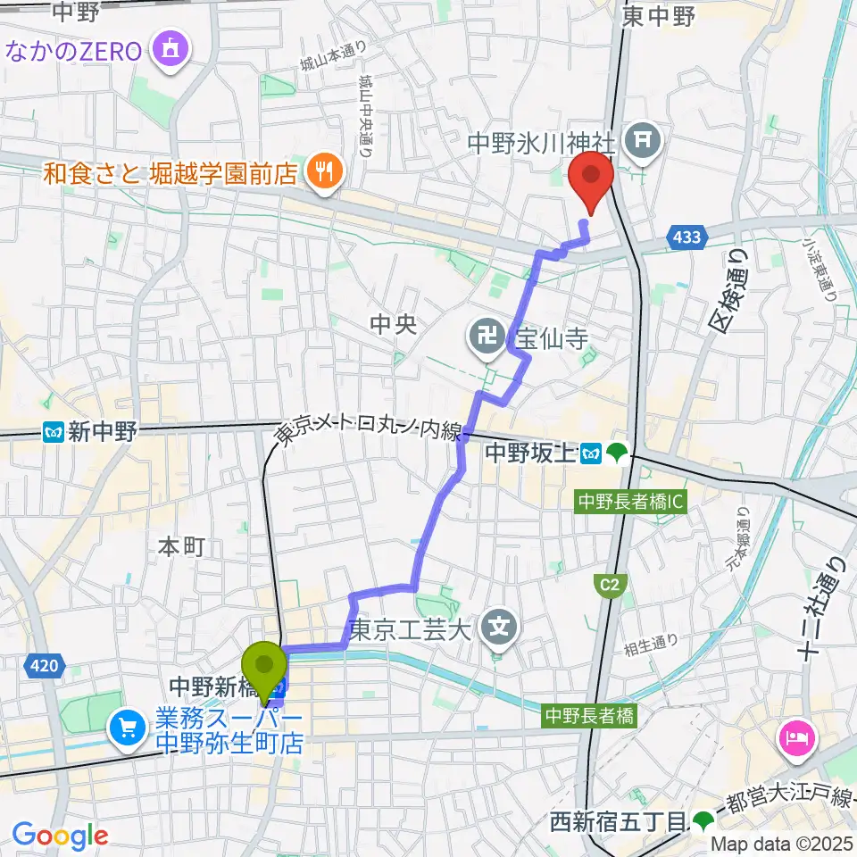 中野新橋駅から梅若能楽学院会館へのルートマップ地図