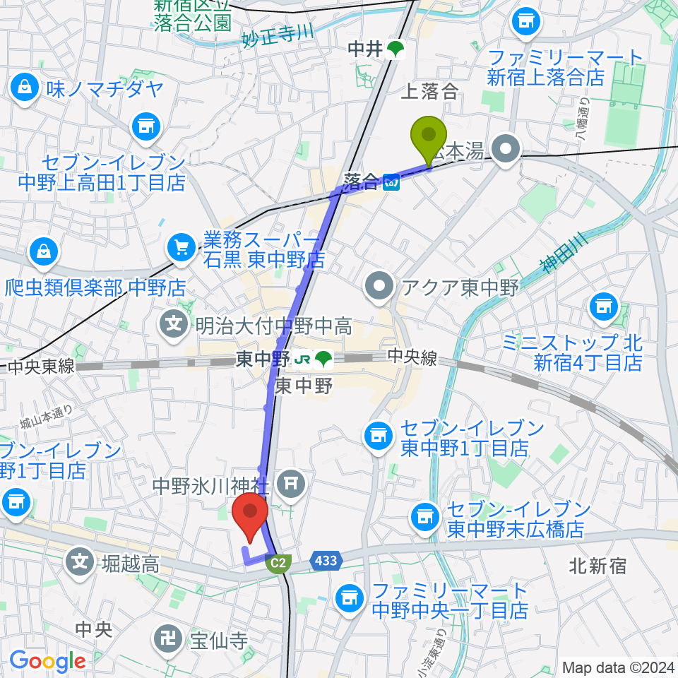 落合駅から梅若能楽学院会館へのルートマップ地図