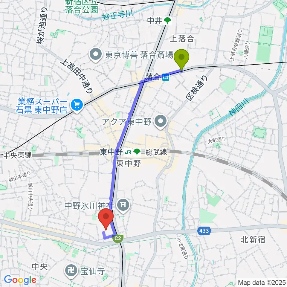 落合駅から梅若能楽学院会館へのルートマップ地図