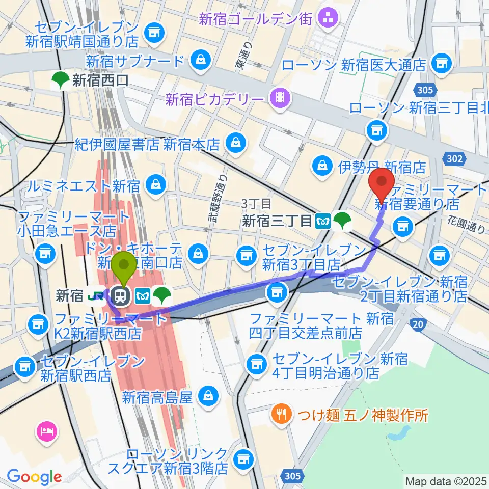 新宿駅から新宿末廣亭へのルートマップ地図