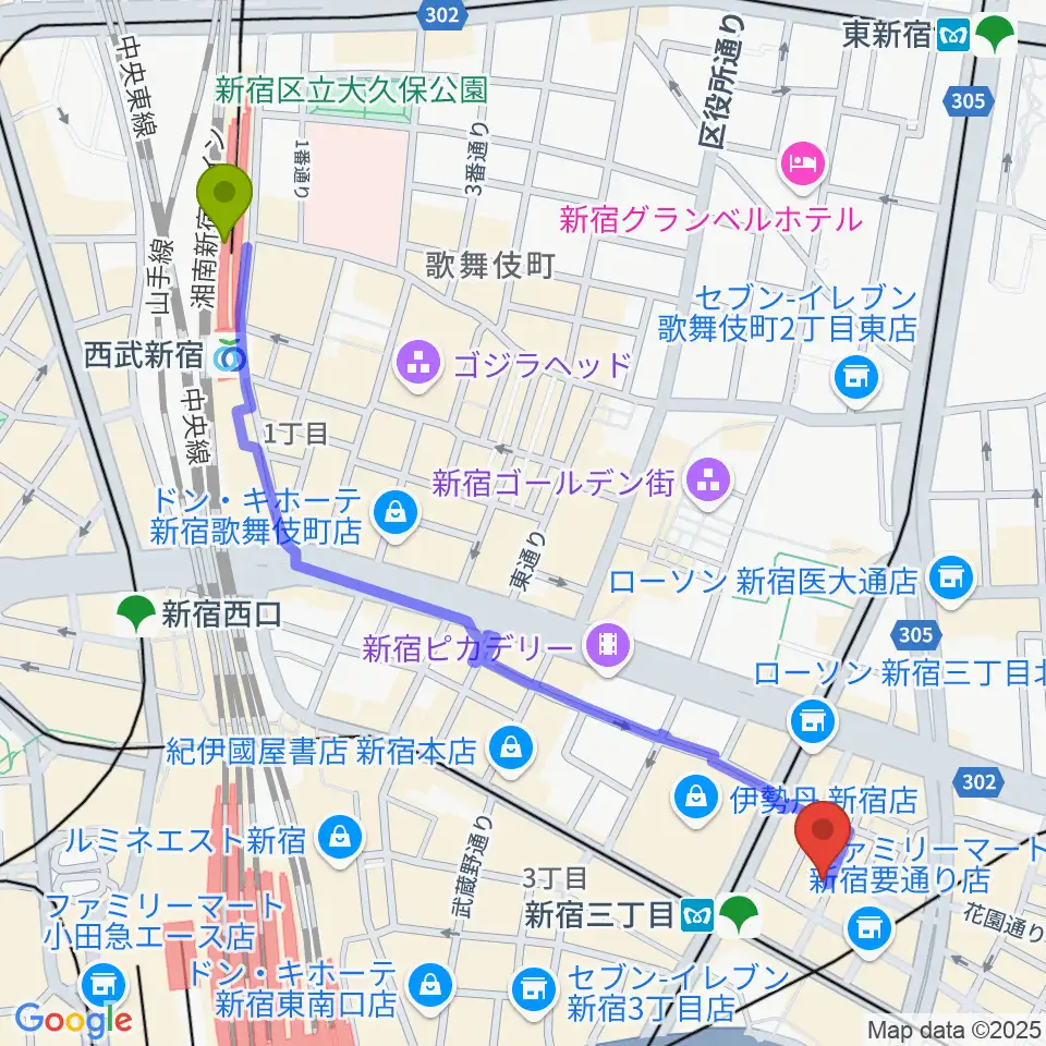 西武新宿駅から新宿末廣亭へのルートマップ地図