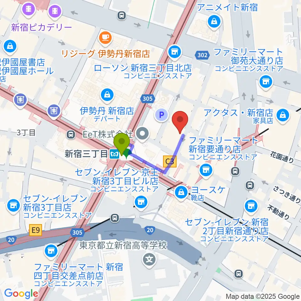 新宿末廣亭の最寄駅新宿三丁目駅からの徒歩ルート（約2分）地図