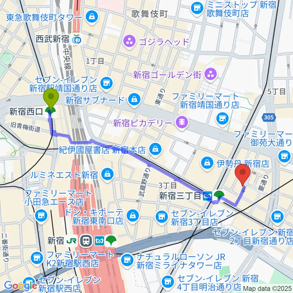 新宿西口駅から新宿末廣亭へのルートマップ地図