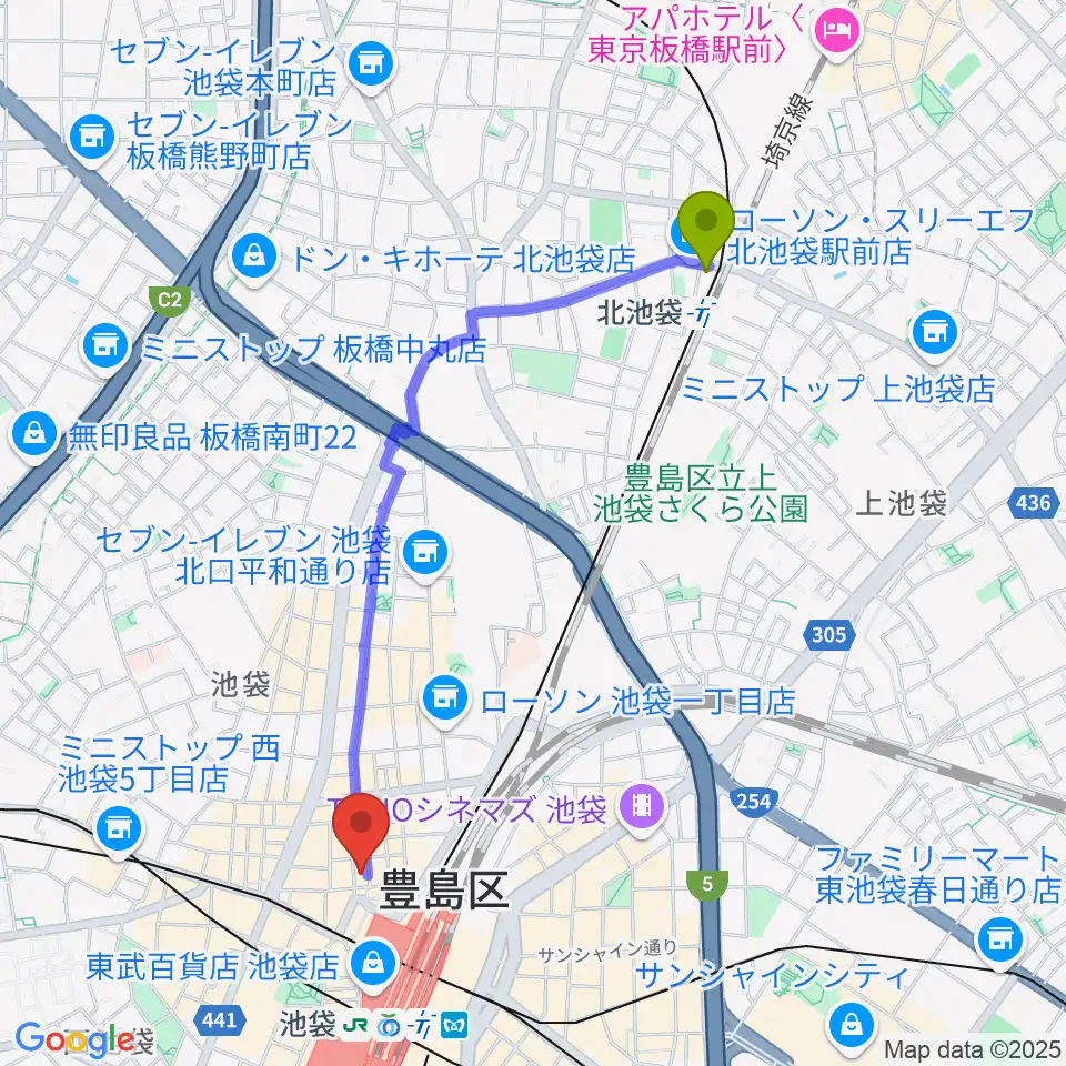 北池袋駅から池袋演芸場へのルートマップ地図
