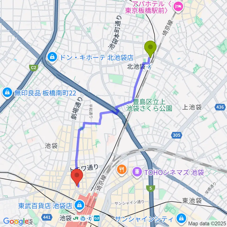 北池袋駅から池袋演芸場へのルートマップ地図