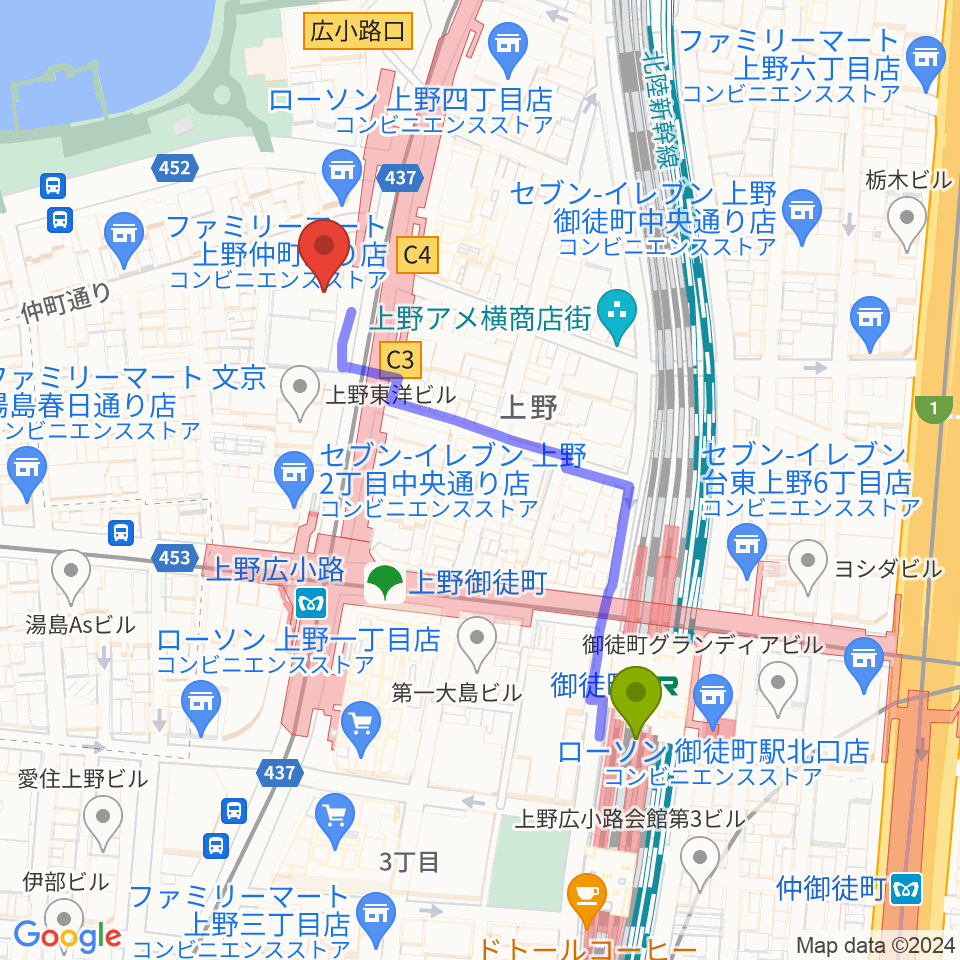御徒町駅から鈴本演芸場へのルートマップ地図