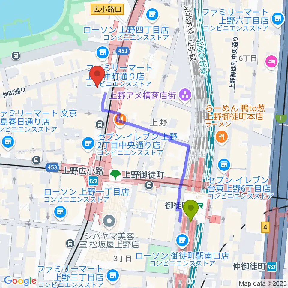 御徒町駅から鈴本演芸場へのルートマップ地図