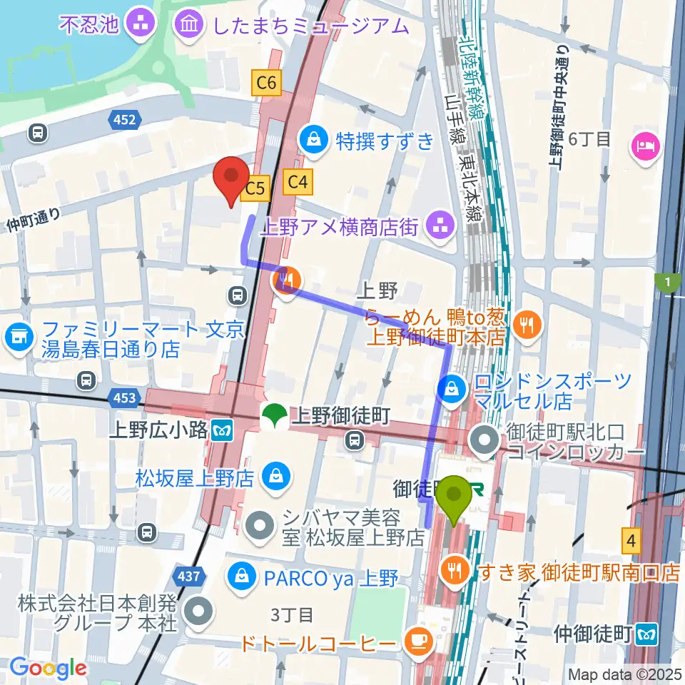 御徒町駅から鈴本演芸場へのルートマップ地図