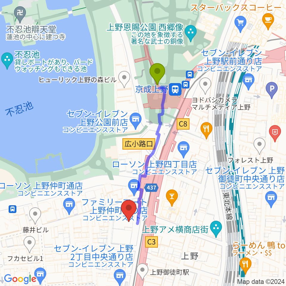 鈴本演芸場の最寄駅京成上野駅からの徒歩ルート（約4分）地図