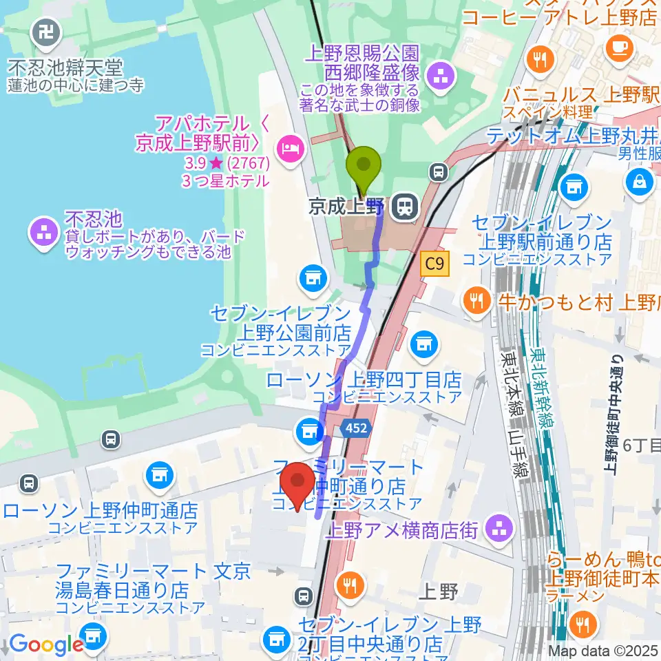 鈴本演芸場の最寄駅京成上野駅からの徒歩ルート（約4分）地図