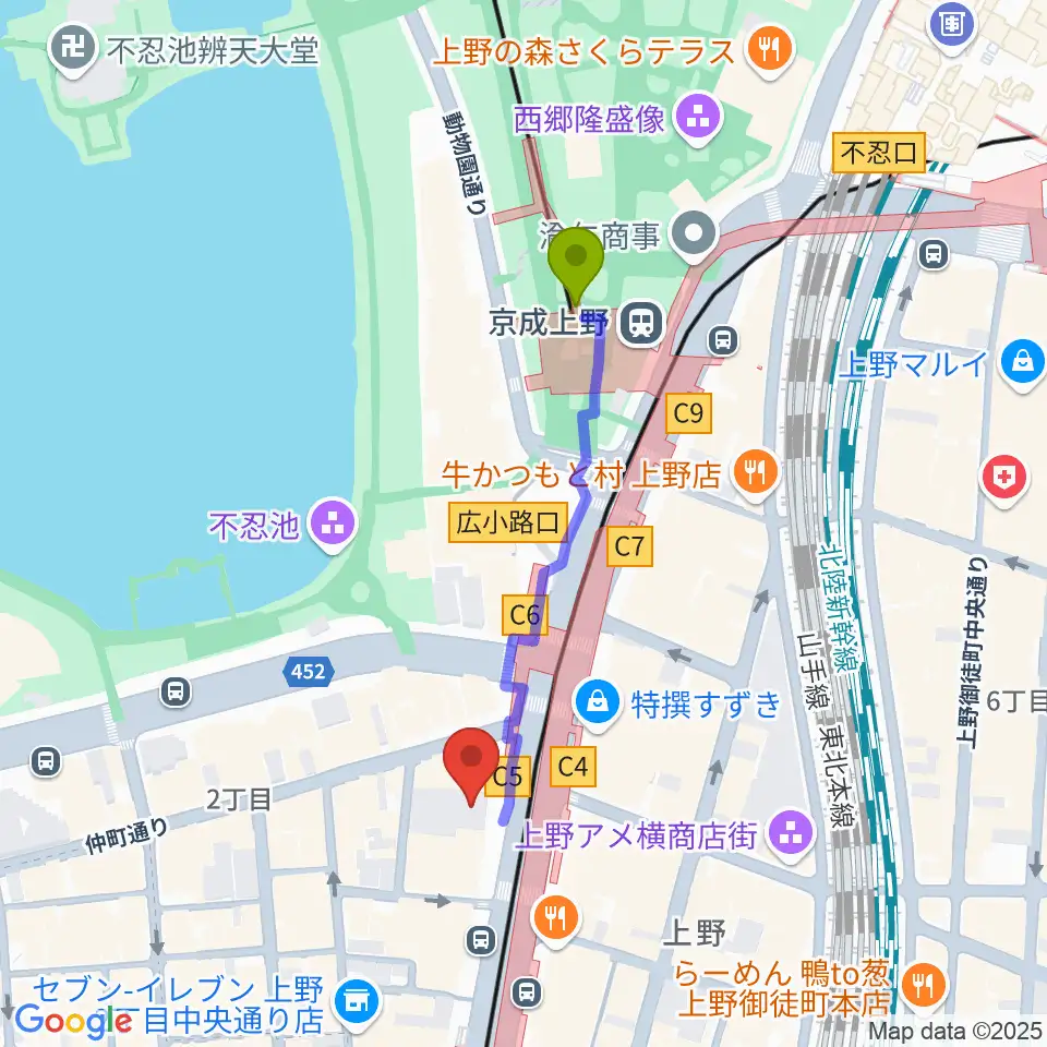 鈴本演芸場の最寄駅京成上野駅からの徒歩ルート（約4分）地図