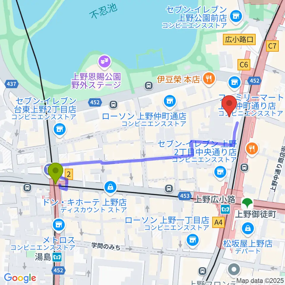 湯島駅から鈴本演芸場へのルートマップ地図