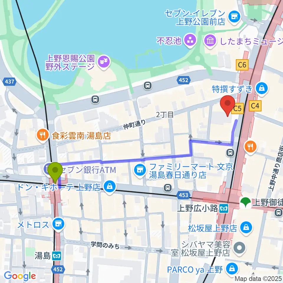 湯島駅から鈴本演芸場へのルートマップ地図