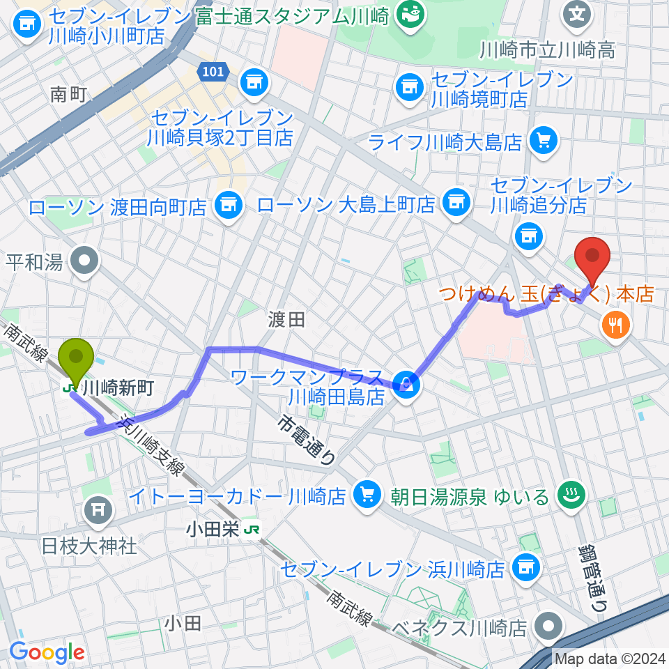 川崎新町駅から大島劇場へのルートマップ地図