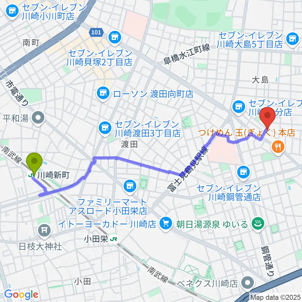 川崎新町駅から大島劇場へのルートマップ地図