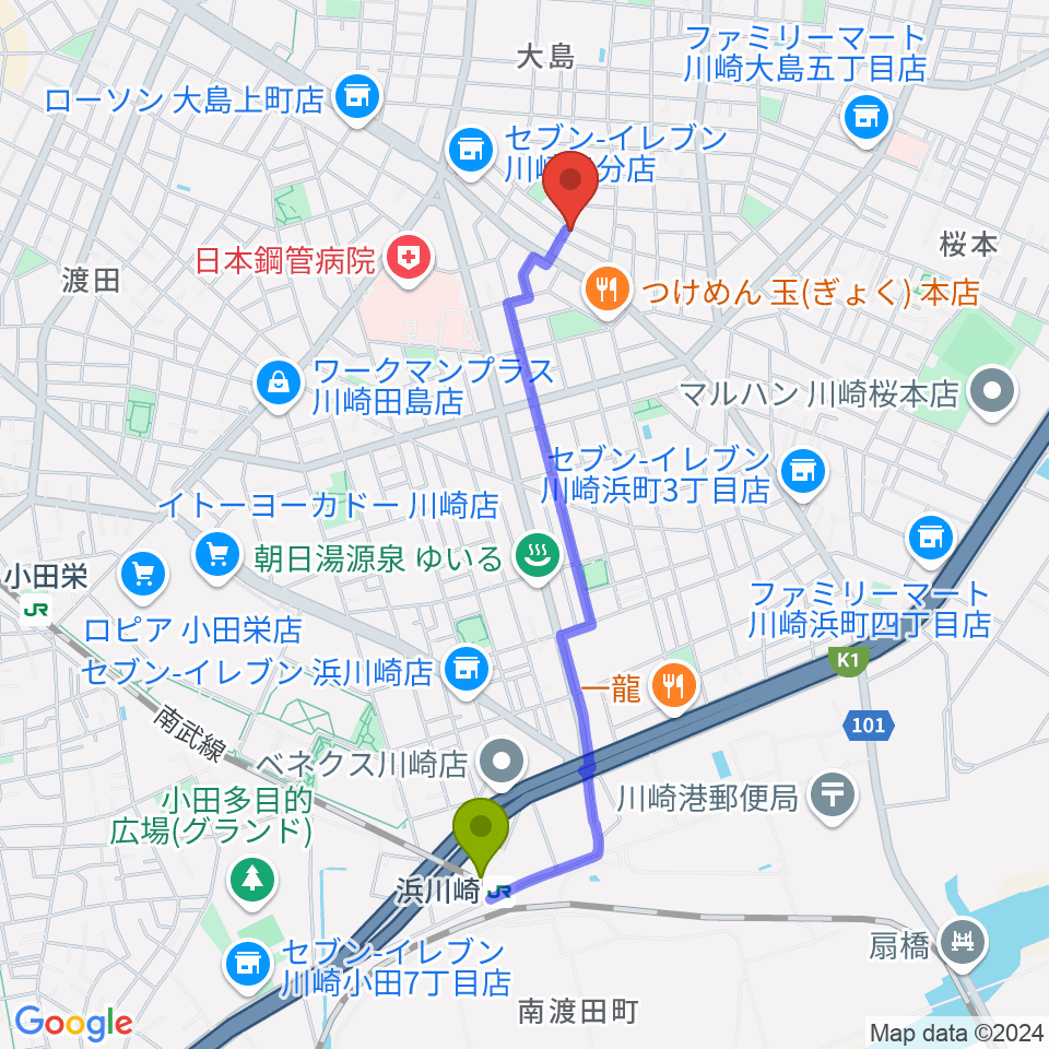 大島劇場の最寄駅浜川崎駅からの徒歩ルート（約19分）地図