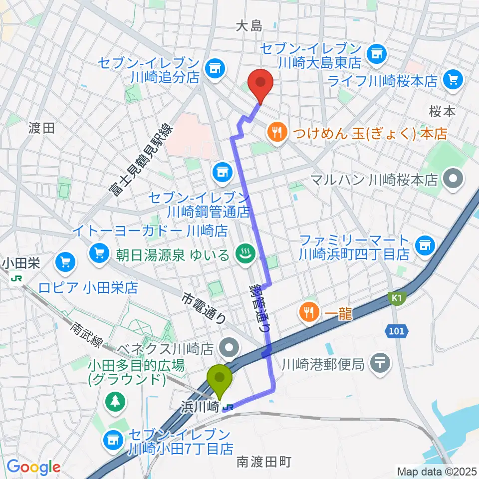 大島劇場の最寄駅浜川崎駅からの徒歩ルート（約19分）地図