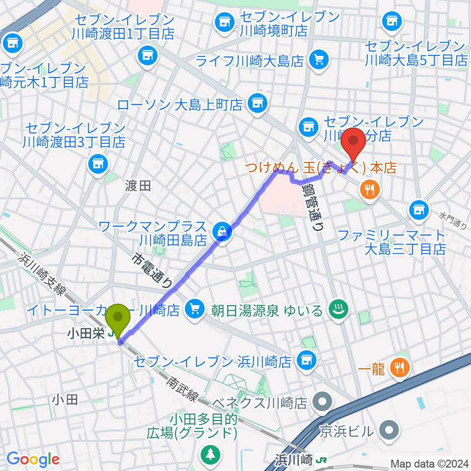 小田栄駅から大島劇場へのルートマップ地図