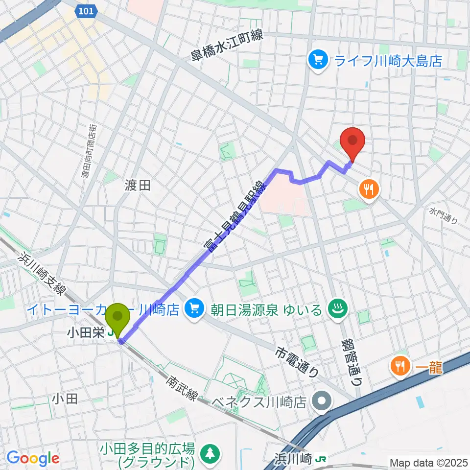 小田栄駅から大島劇場へのルートマップ地図