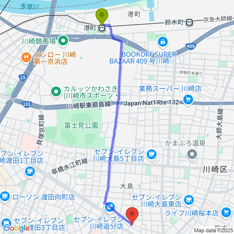 港町駅から大島劇場へのルートマップ地図